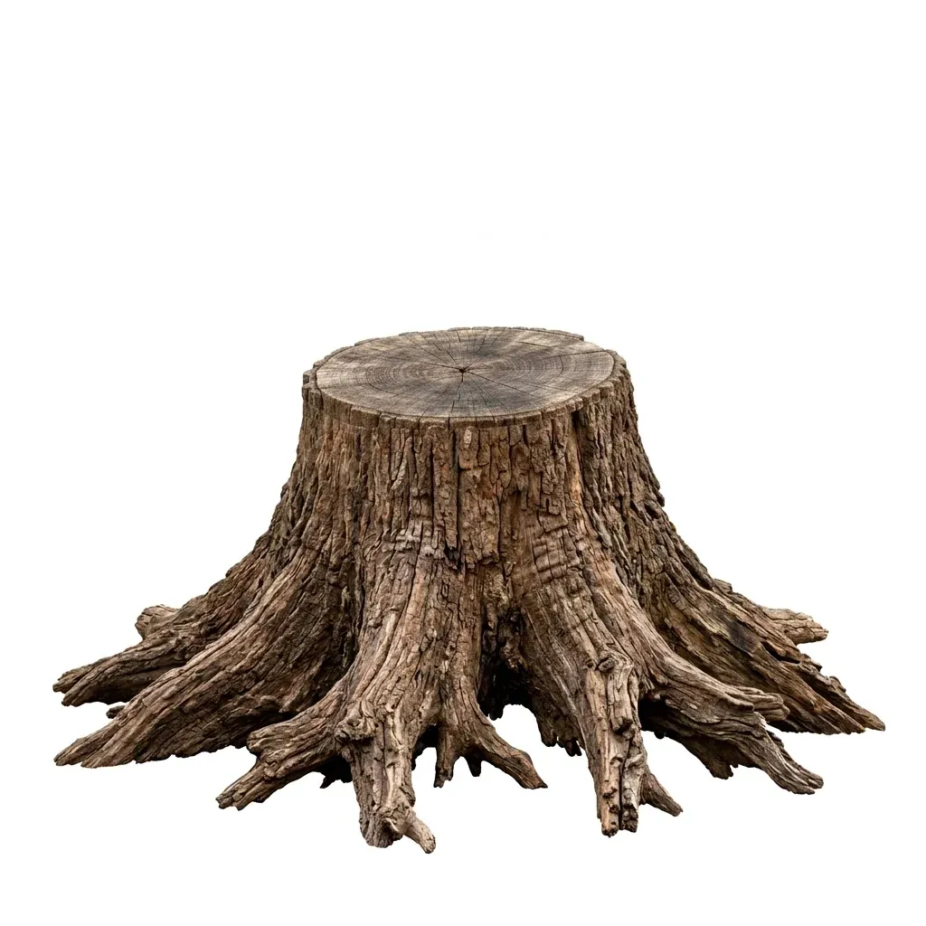 Tree stump showing the difference between root flare width and trunk width for accurate measuring