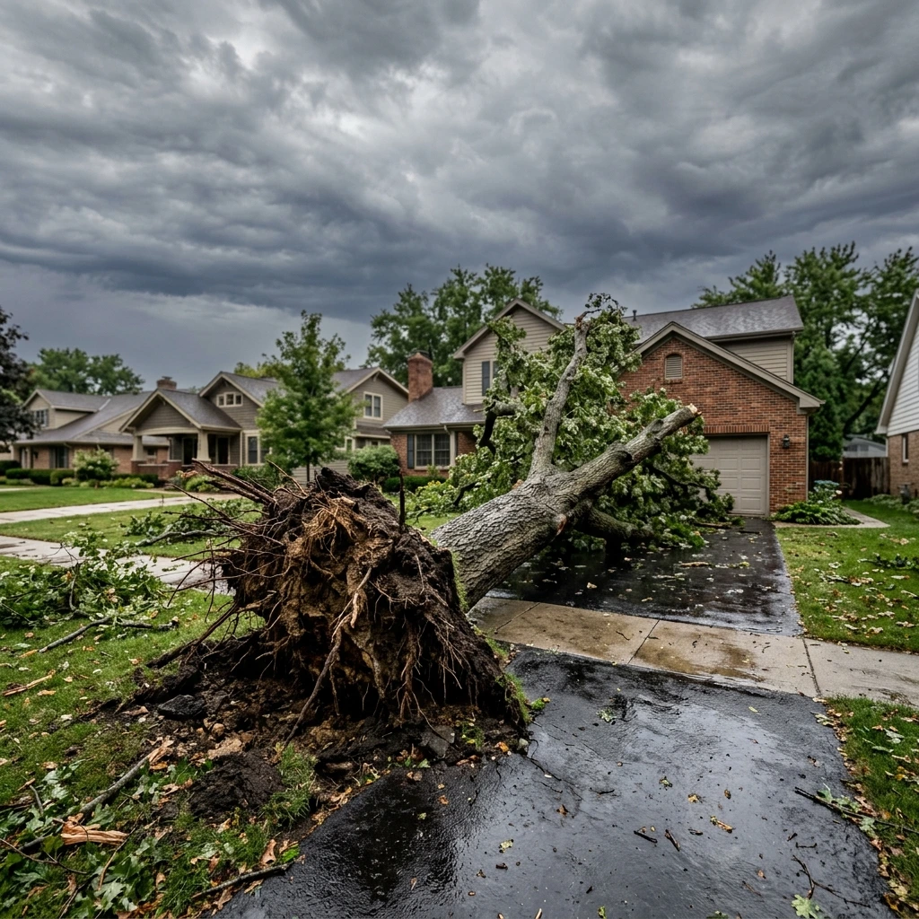 Storm-fallen tree blocking a residential driveway after a Wisconsin storm