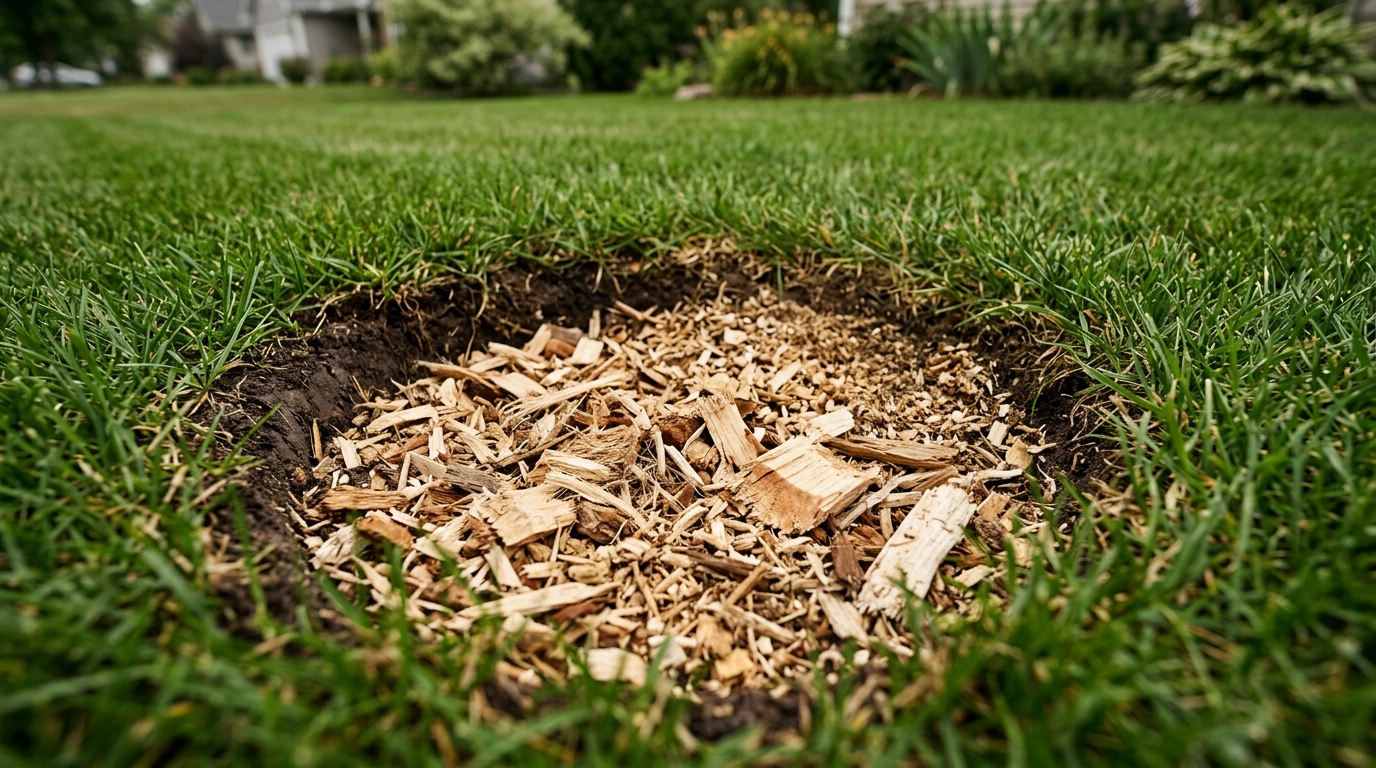 Freshly ground tree stump showing clean wood chips on residential lawn